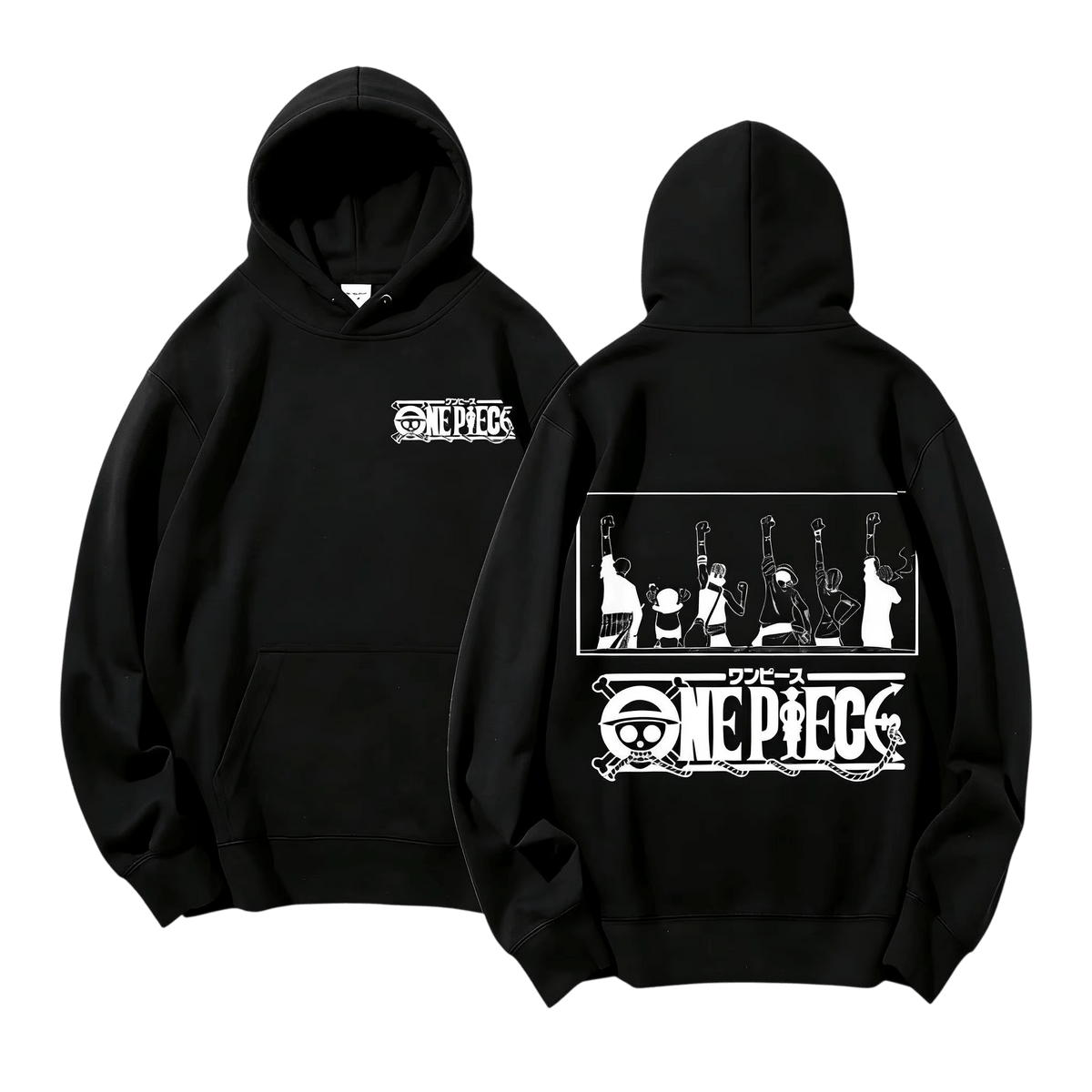 Black One Piece hoodie, front and back: One Piece logo on the chest, the Straw Hat crew with arms raised and a large logo on the back