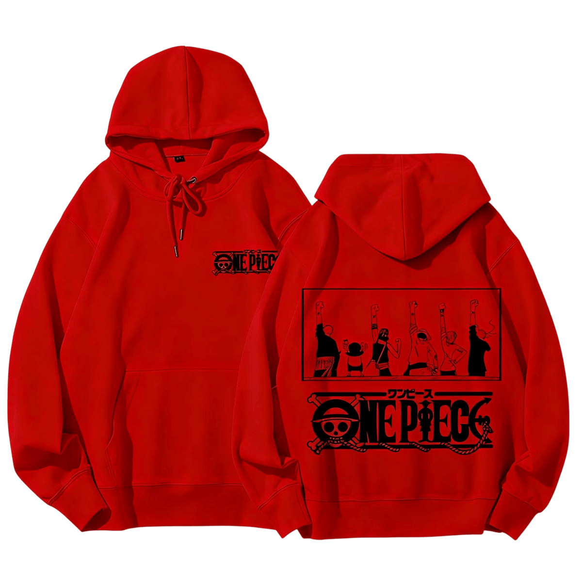 Red One Piece hoodie, front and back: logo on the chest, the Straw Hat crew with arms raised and a large logo on the back