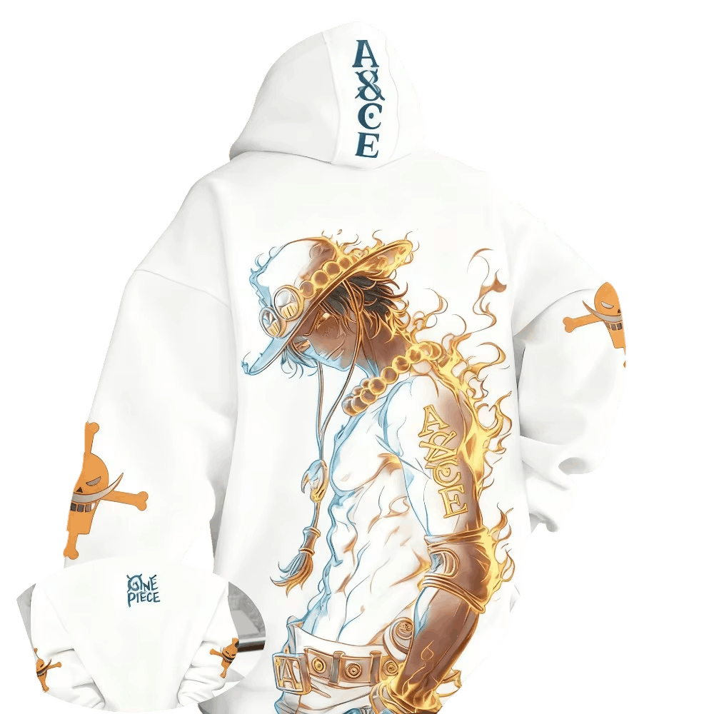 White One Piece hoodie, back view: Portgas D. Ace in light tones with golden flames, “ASCE” on the hood and, in the inset, the One Piece logo on the front
