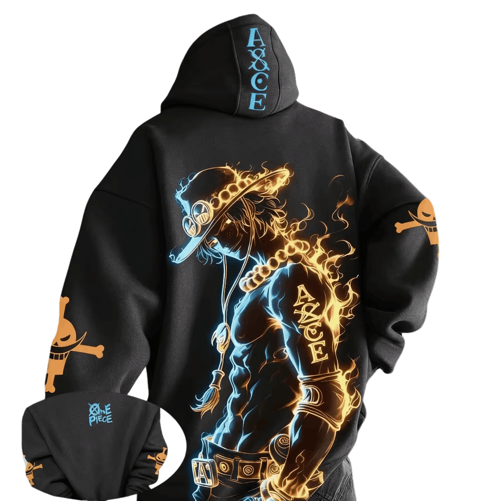 Charcoal gray One Piece hoodie, back view: Portgas D. Ace in flames, “ASCE” on the hood and, in the inset, the One Piece logo on the front