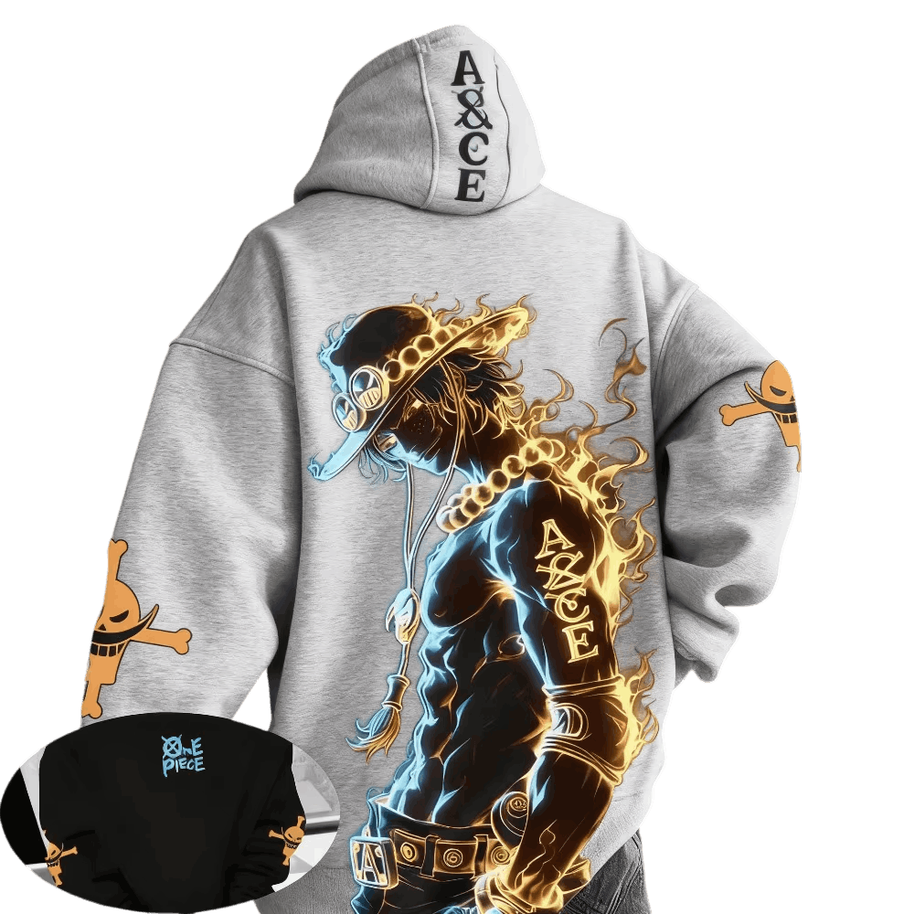 Light gray One Piece hoodie, back view: Portgas D. Ace in flames and “ASCE” on the hood; the inset shows the front with the One Piece logo on a black hoodie