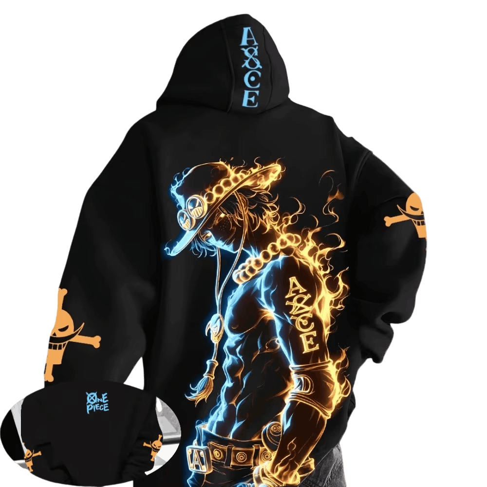 Black One Piece hoodie, back view: Portgas D. Ace in flames, “ASCE” on the hood and, in the inset, the One Piece logo on the front