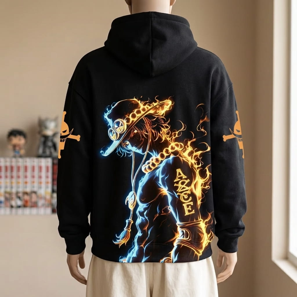 Black One Piece hoodie worn, back view: Portgas D. Ace in flames and the Whitebeard emblem on the sleeves (decor not included)