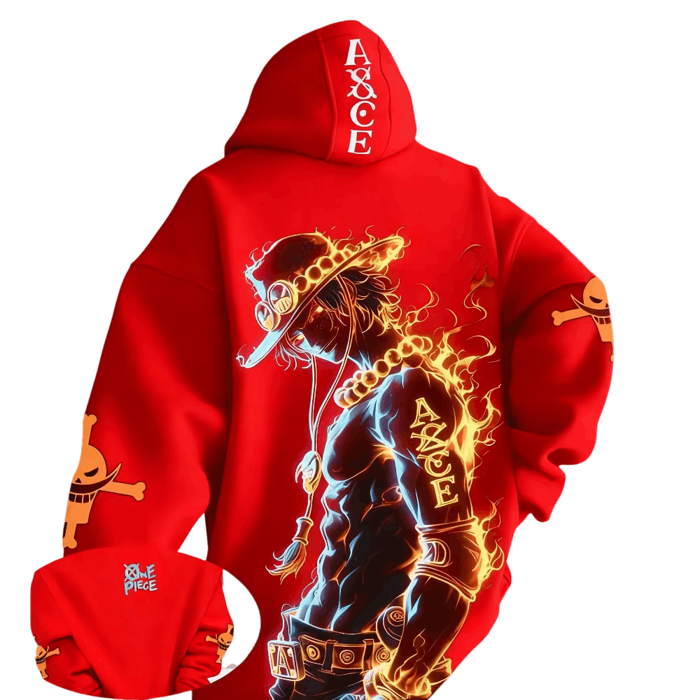 Red One Piece hoodie, back view: Portgas D. Ace in flames, “ASCE” on the hood and, in the inset, the One Piece logo on the front