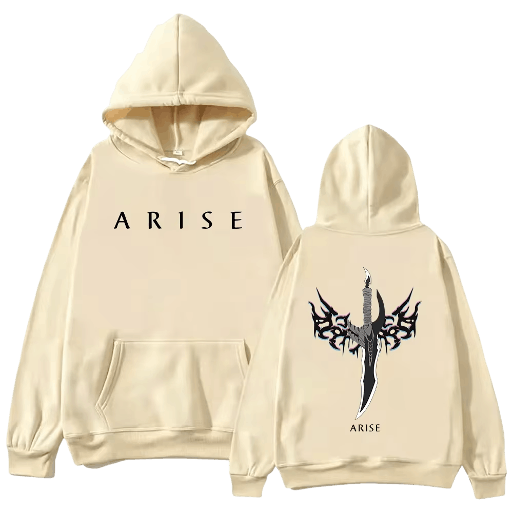 Sweat à capuche Solo Leveling beige, devant et dos : « A R I S E » sur la poitrine, dague noire aux ailes de fumée imprimée au dos