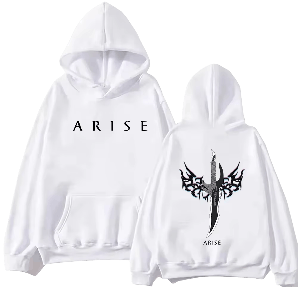 Sweat à capuche Solo Leveling blanc, devant et dos : « A R I S E » sur la poitrine, dague noire aux ailes de fumée imprimée au dos