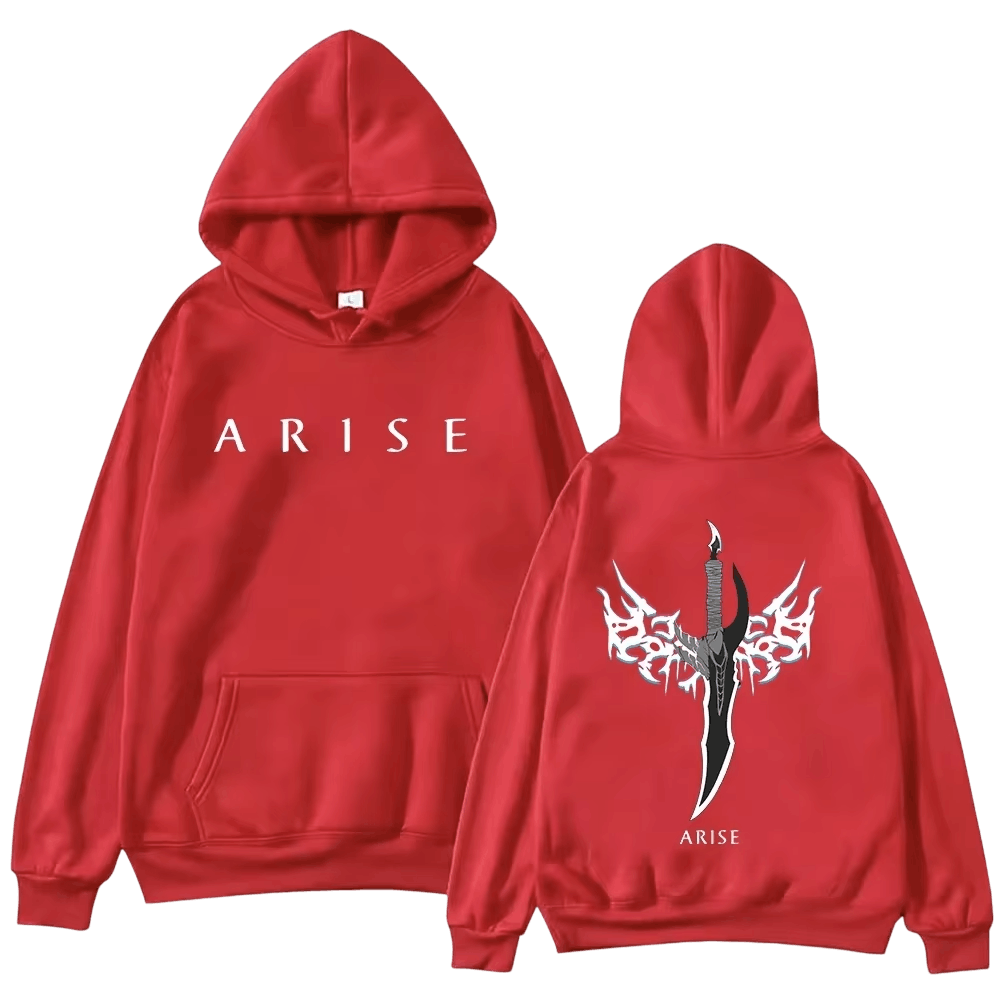 Sweat à capuche Solo Leveling rouge, devant et dos : « A R I S E » sur la poitrine, dague noire aux ailes de fumée imprimée au dos