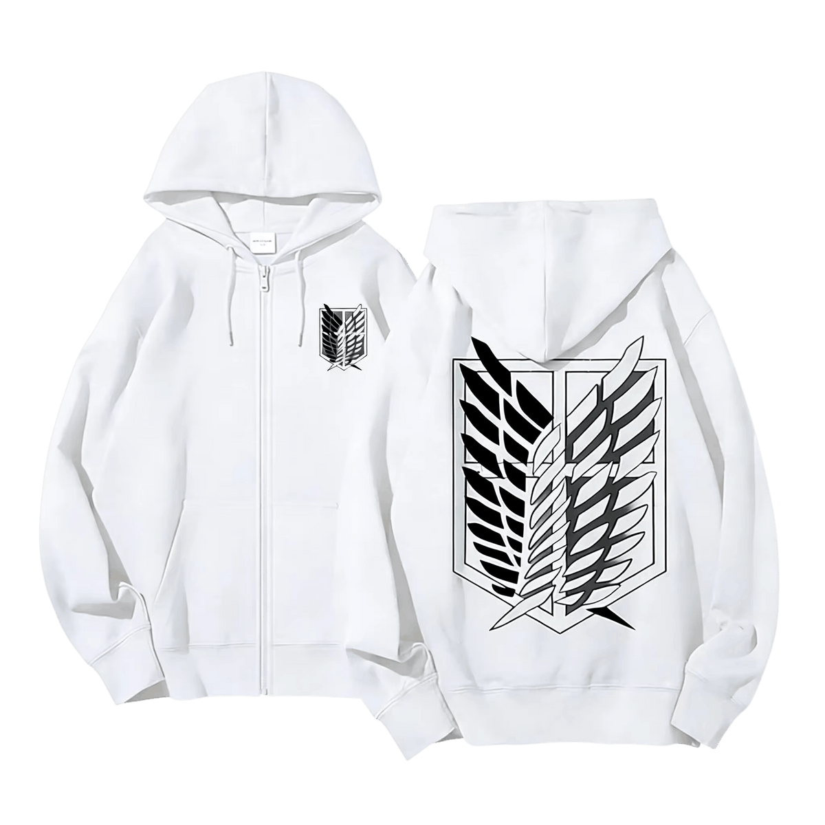 White Attack on Titan zip-up hoodie, front and back: Wings of Freedom on the chest and large on the back