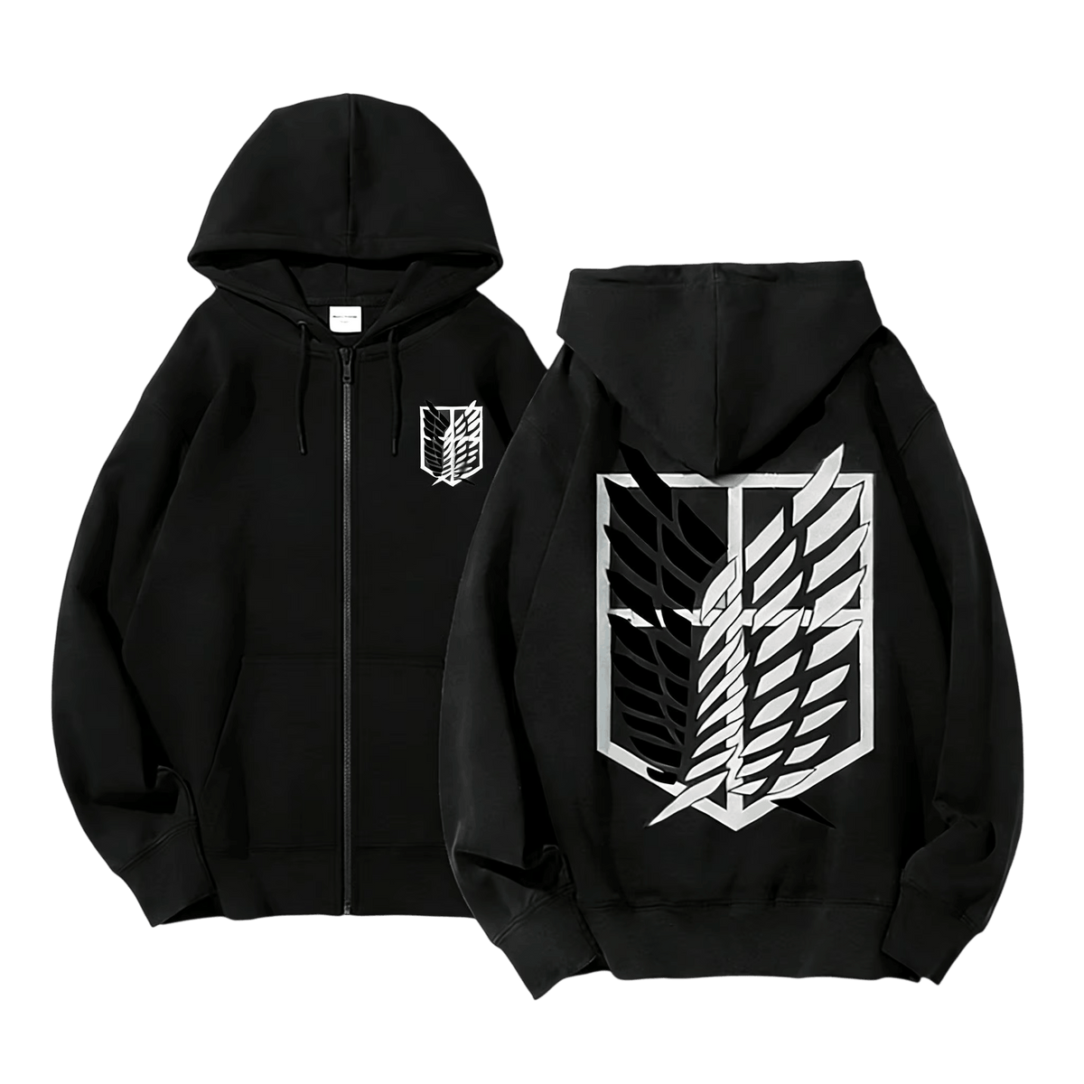 Black Attack on Titan zip-up hoodie, front and back: Wings of Freedom on the chest and large on the back