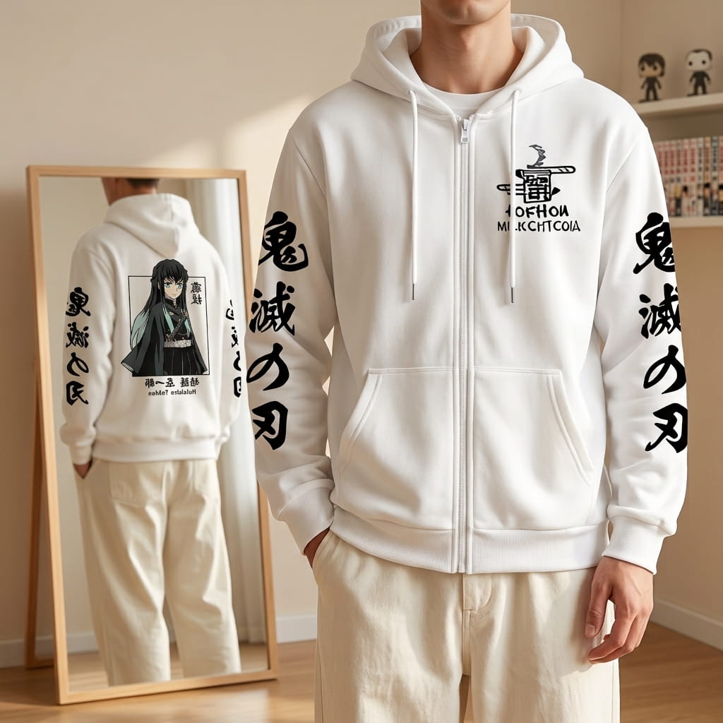 White Demon Slayer zip-up hoodie worn, black kanji on the sleeves, with Muichiro Tokito on the back visible in the mirror (decor not included)