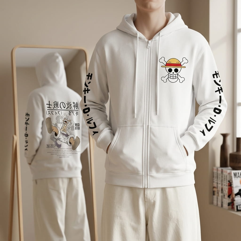 White One Piece zip-up hoodie worn: Straw Hat Jolly Roger on the chest, Luffy's name on the sleeves and, in the mirror, Luffy in Gear 5 on the back (decor not included)