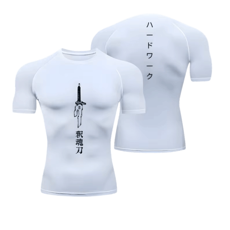 White Jujutsu Kaisen compression T-shirt, front and back: blade and kanji 釈魂刀 on the chest, ハードワーク in a column on the back