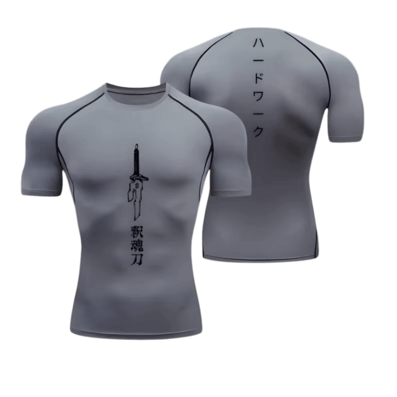 Gray Jujutsu Kaisen compression T-shirt, front and back: blade and kanji 釈魂刀 on the chest, ハードワーク in a column on the back