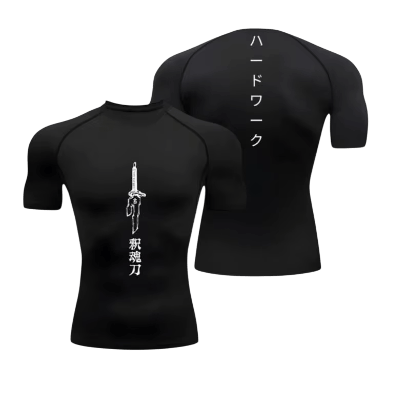 Black Jujutsu Kaisen compression T-shirt, front and back: blade and kanji 釈魂刀 on the chest, ハードワーク in a column on the back
