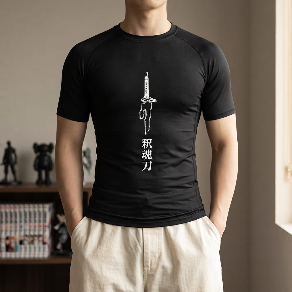 Black Jujutsu Kaisen compression T-shirt worn, white blade and the kanji 釈魂刀 printed on the chest (decor not included)