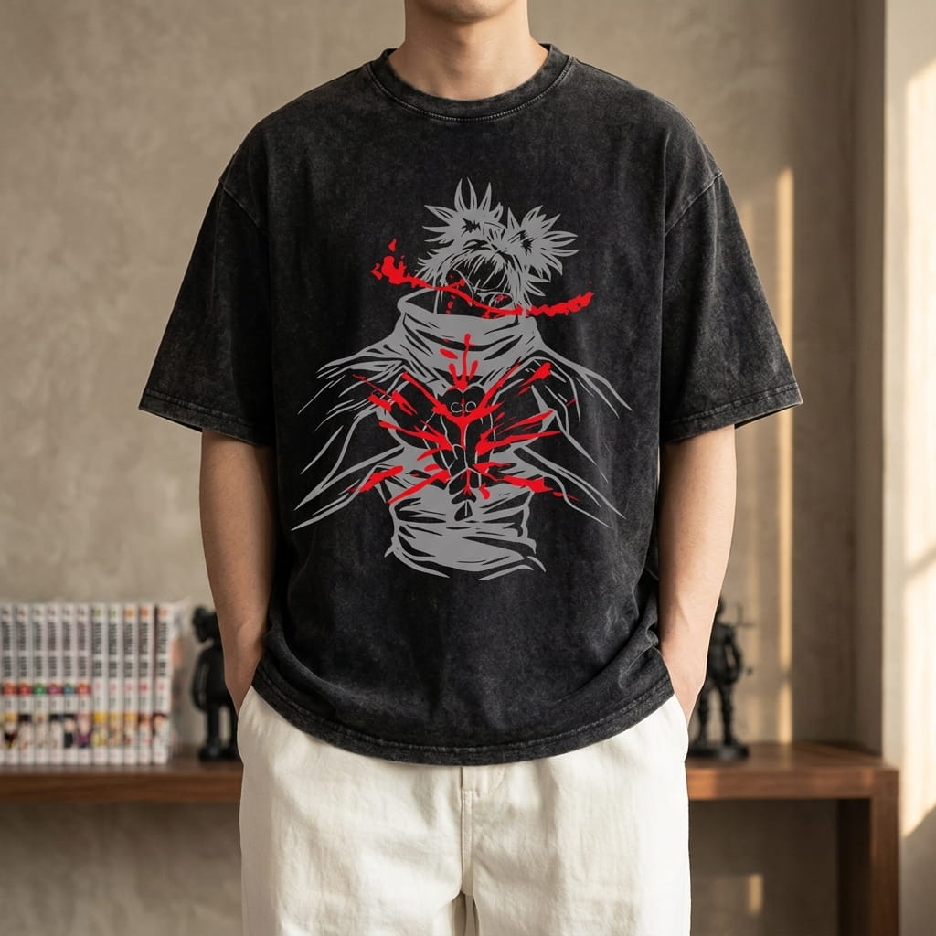 Washed black Jujutsu Kaisen T-shirt worn, grey and red Choso design printed on the front (decor not included)