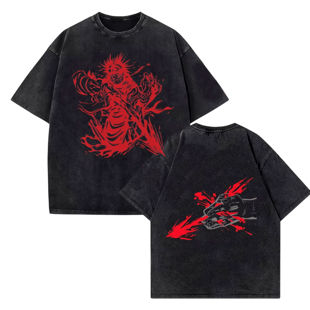 T-shirt Jujutsu Kaisen noir délavé, devant et dos : Ryomen Sukuna tout en rouge, quatre bras et rictus ouvert, entouré de volutes