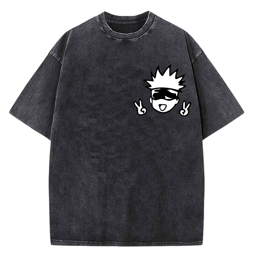 Washed black Jujutsu Kaisen T-shirt on a light background: a small chibi Satoru Gojo with black glasses flashing the V sign