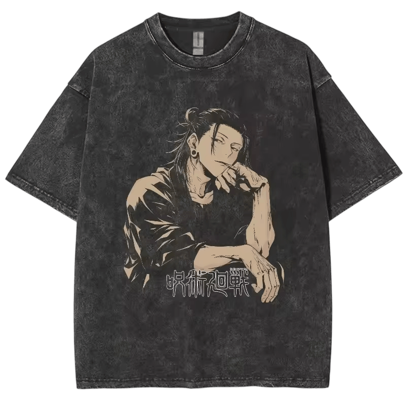 Washed black Jujutsu Kaisen T-shirt on a light background: Suguru Geto leaning, high bun and sideways smile, in grey and brown
