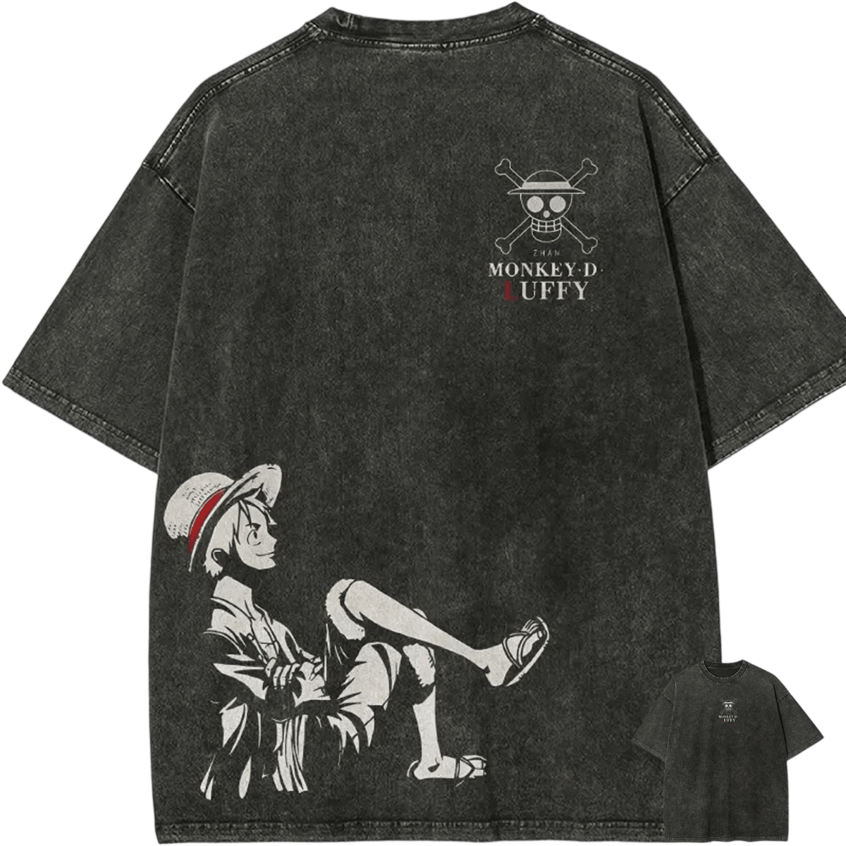 Dos du t-shirt délavé One Piece gris anthracite : grand Luffy assis au chapeau de paille et emblème MONKEY D. LUFFY, avec le devant en vignette