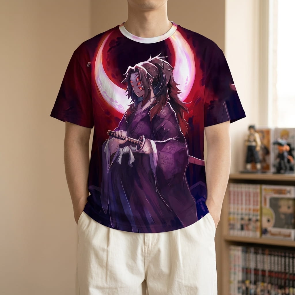 Dark purple Demon Slayer T-shirt worn, Kokushibō printed in front of a red crescent moon, his six eyes clearly visible (decor not included)