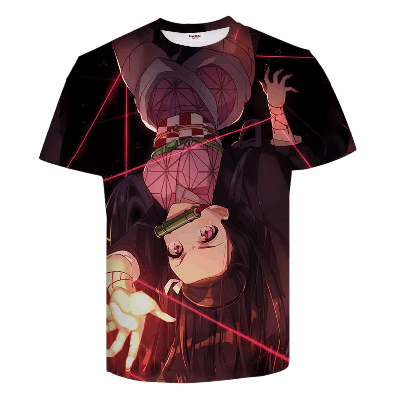 Black Demon Slayer T-shirt with an all-over print: Nezuko Kamado upside down, pink hemp-leaf kimono, bamboo muzzle and red diagonal lines