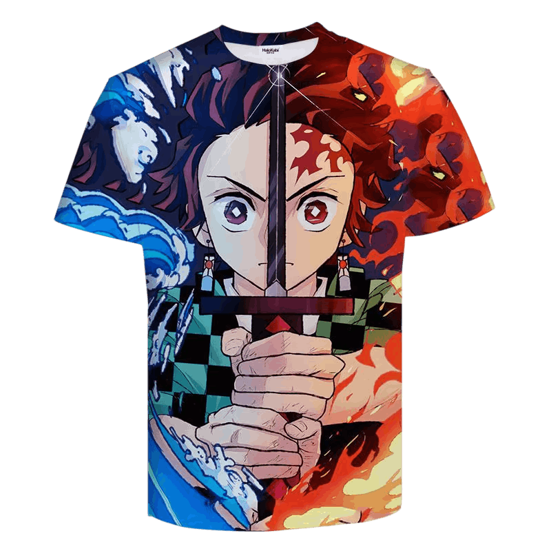 Demon Slayer T-shirt with an all-over print: Tanjiro Kamado, blue half with waves and red half with flames, nichirin sword held in both hands and green and black checks at the bottom