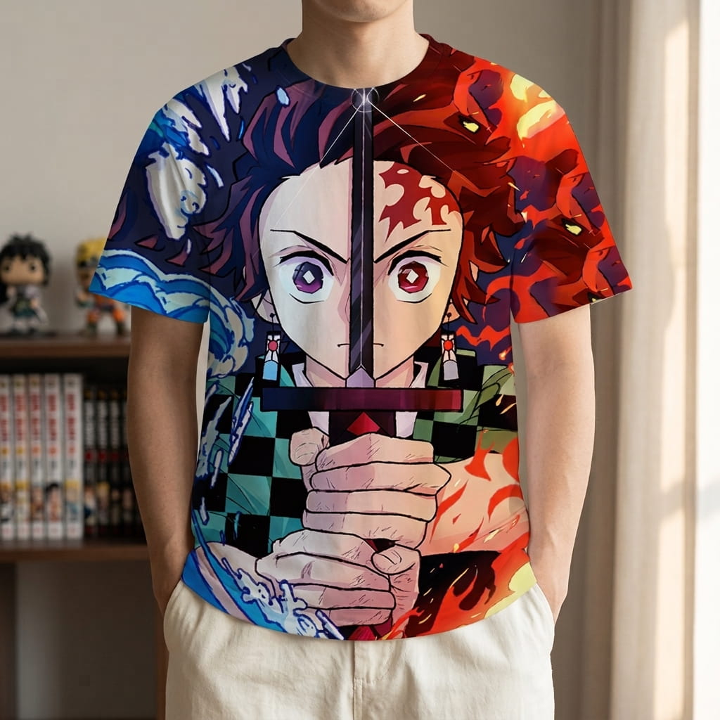 Demon Slayer T-shirt worn, Tanjiro Kamado's face split between blue water and red flames, hands gripping his sword (decor not included)