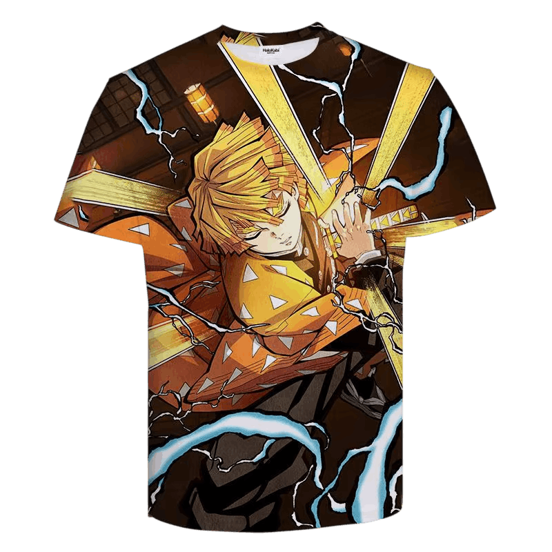 Demon Slayer T-shirt with an all-over print: Zenitsu Agatsuma leaning over his sword, yellow haori with orange triangles, gold and blue lightning against beams and a lantern