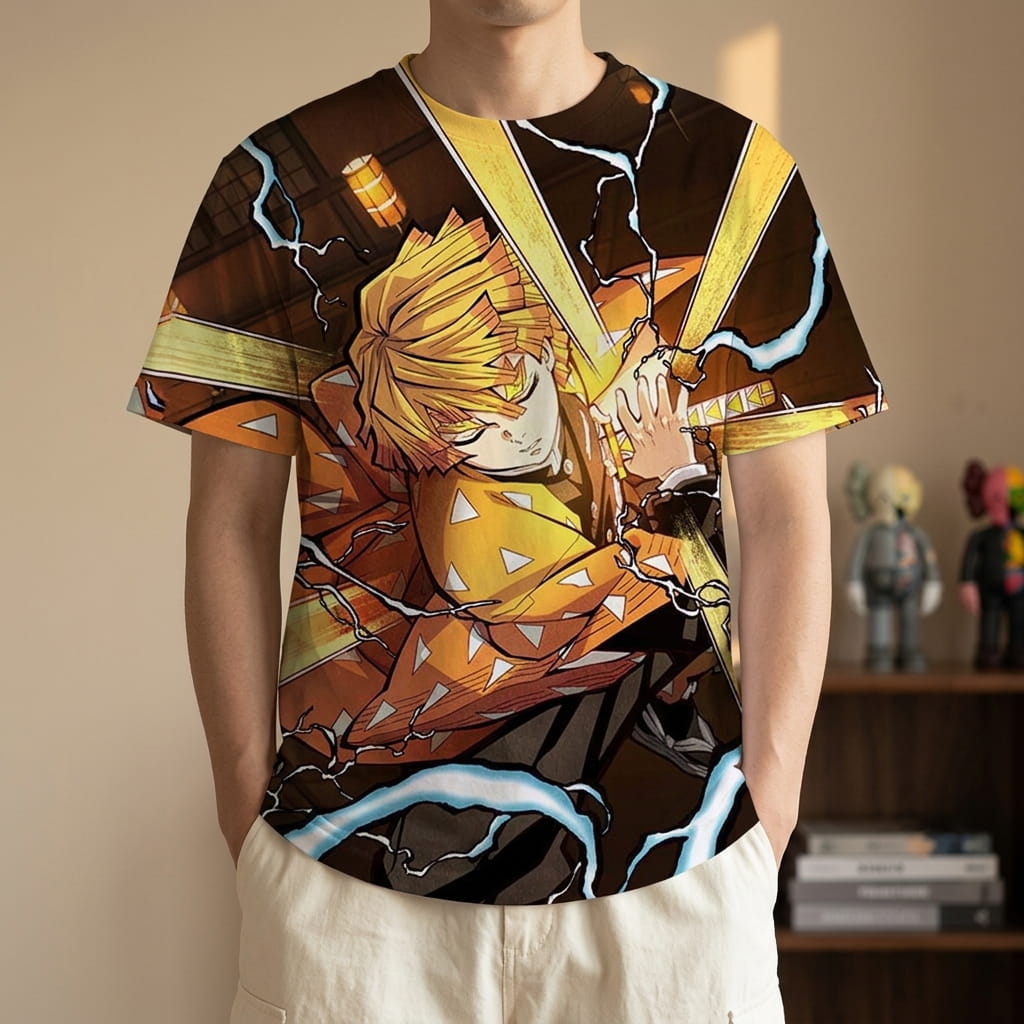 Brown and gold Demon Slayer T-shirt worn, Zenitsu Agatsuma printed drawing his sword in his yellow haori, surrounded by lightning (decor not included)
