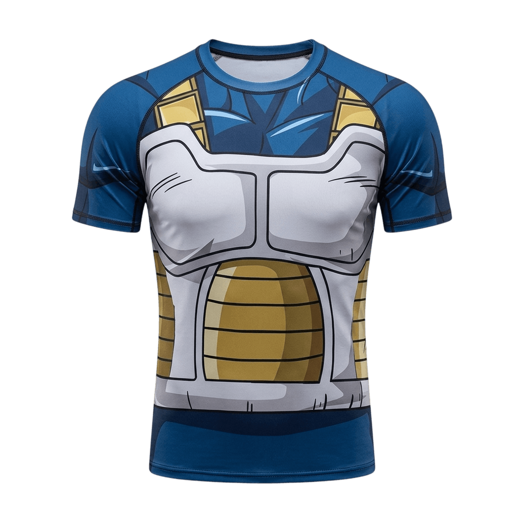 T-shirt Dragon Ball vu de face, imprimé de l'armure de combat saiyan de Vegeta : plastron blanc, pièces jaunes et combinaison bleue