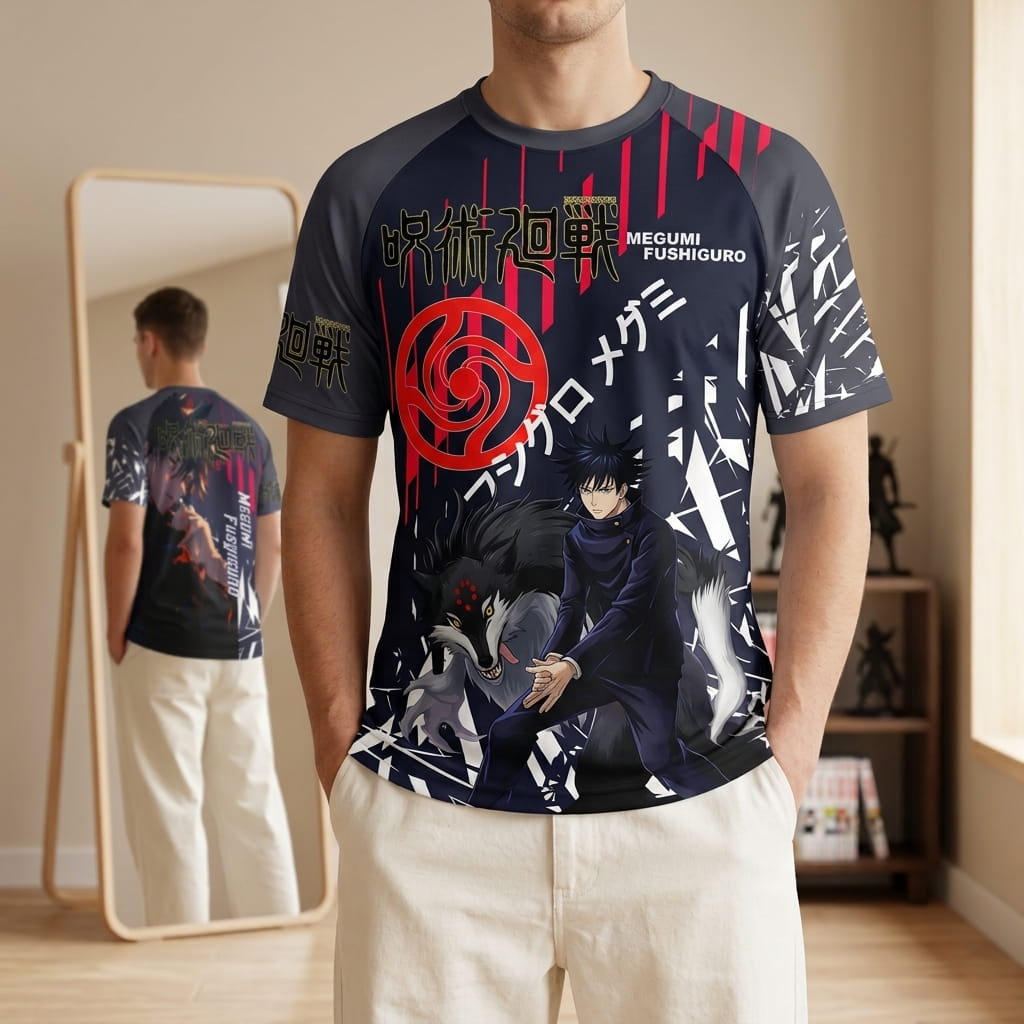 Midnight blue and red Jujutsu Kaisen T-shirt worn, Megumi Fushiguro and his Divine Dog on the front and, in the mirror, his portrait on the back (decor not included)