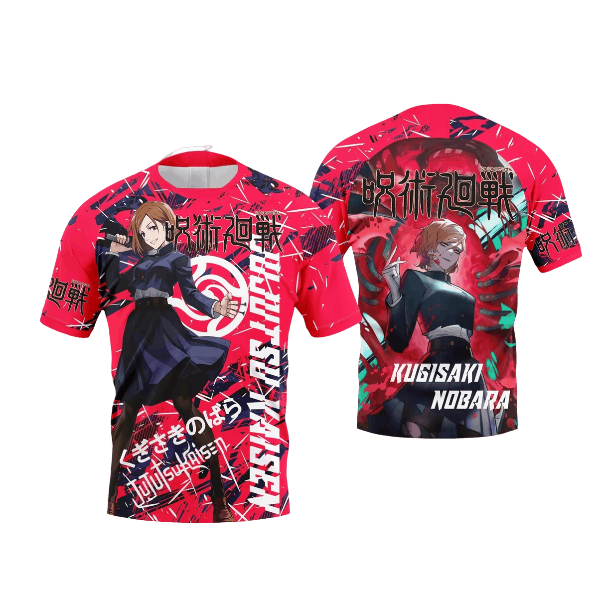 Raspberry red and midnight blue Jujutsu Kaisen T-shirt, front and back: Nobara Kugisaki and her hammer on the front, Nobara against a red background on the back