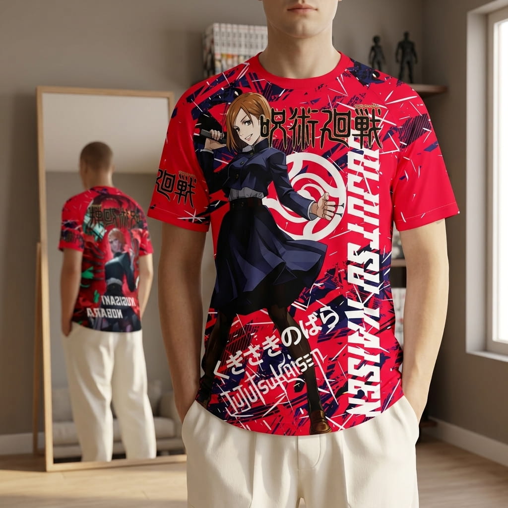 Raspberry red and midnight blue Jujutsu Kaisen T-shirt worn, Nobara Kugisaki on the front and, in the mirror, Nobara on the back (decor not included)