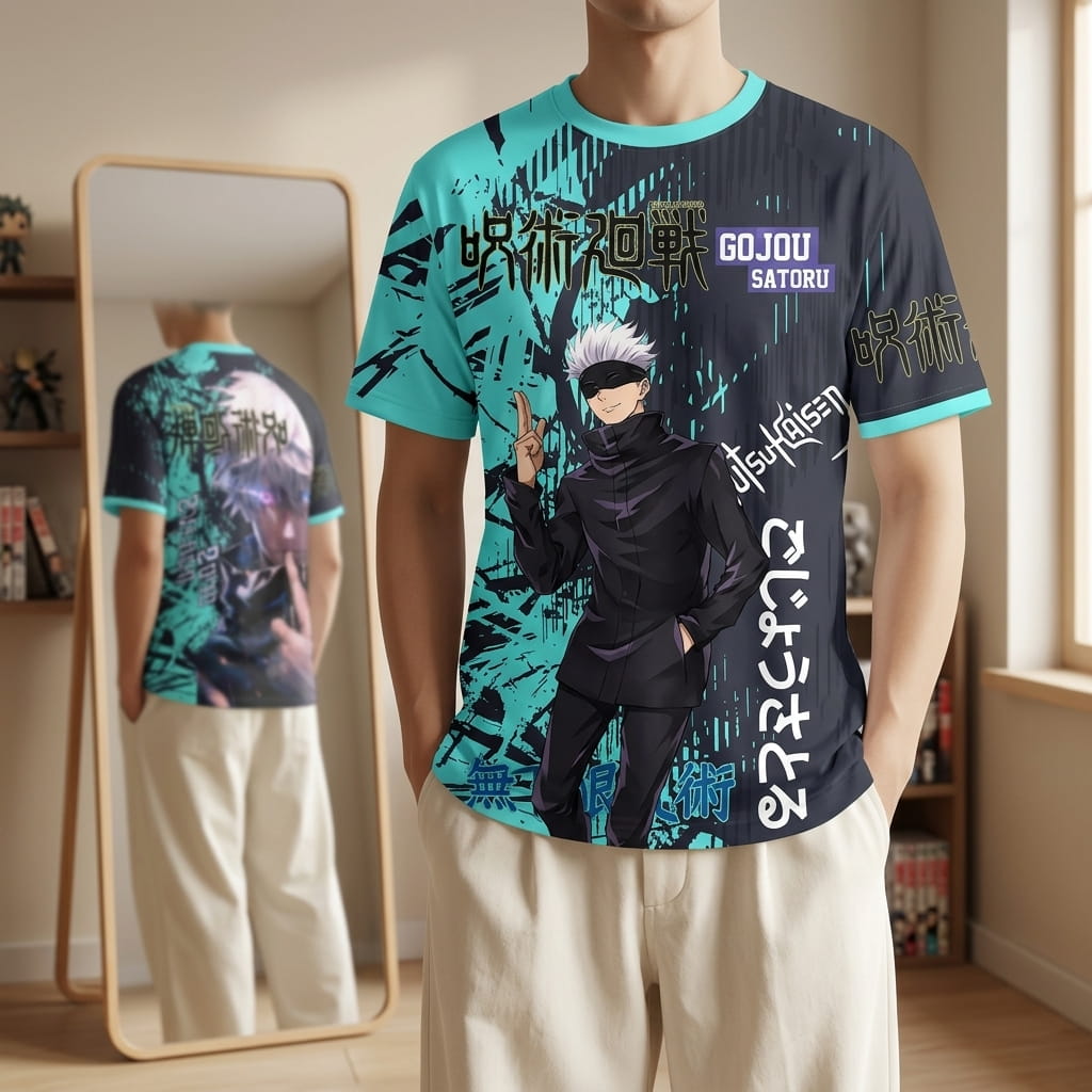 Turquoise and midnight blue Jujutsu Kaisen T-shirt worn, Satoru Gojo on the front and, in the mirror, Gojo without his blindfold on the back (decor not included)