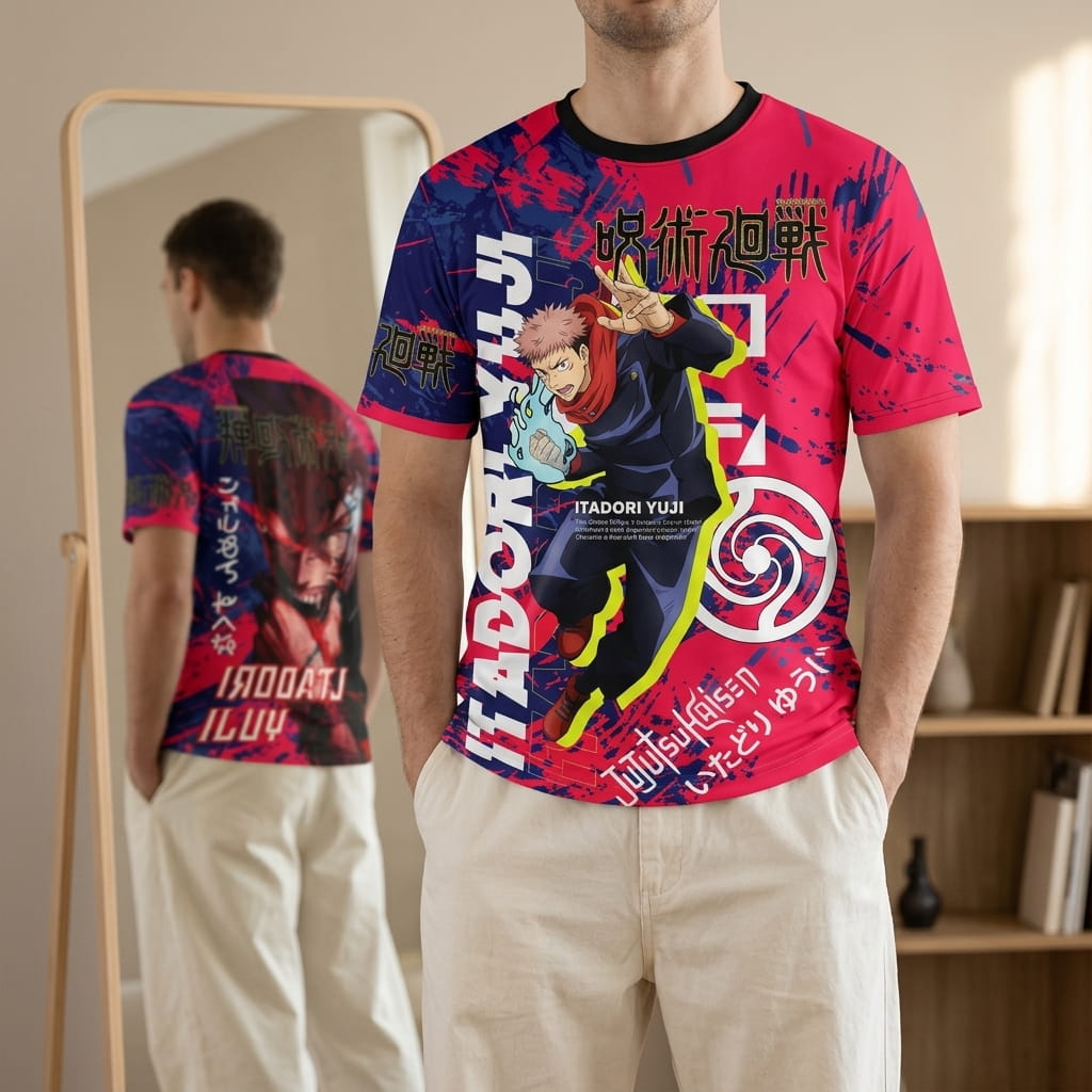 Raspberry red and midnight blue Jujutsu Kaisen T-shirt worn, Yuji Itadori on the front and, in the mirror, Sukuna on the back (decor not included)