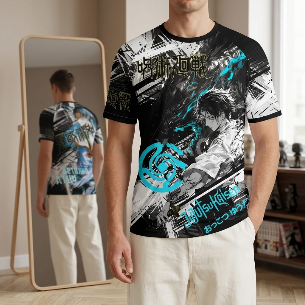 Black, white and turquoise Jujutsu Kaisen T-shirt worn, Yuta Okkotsu on the front and, in the mirror, Yuta on the back (decor not included)
