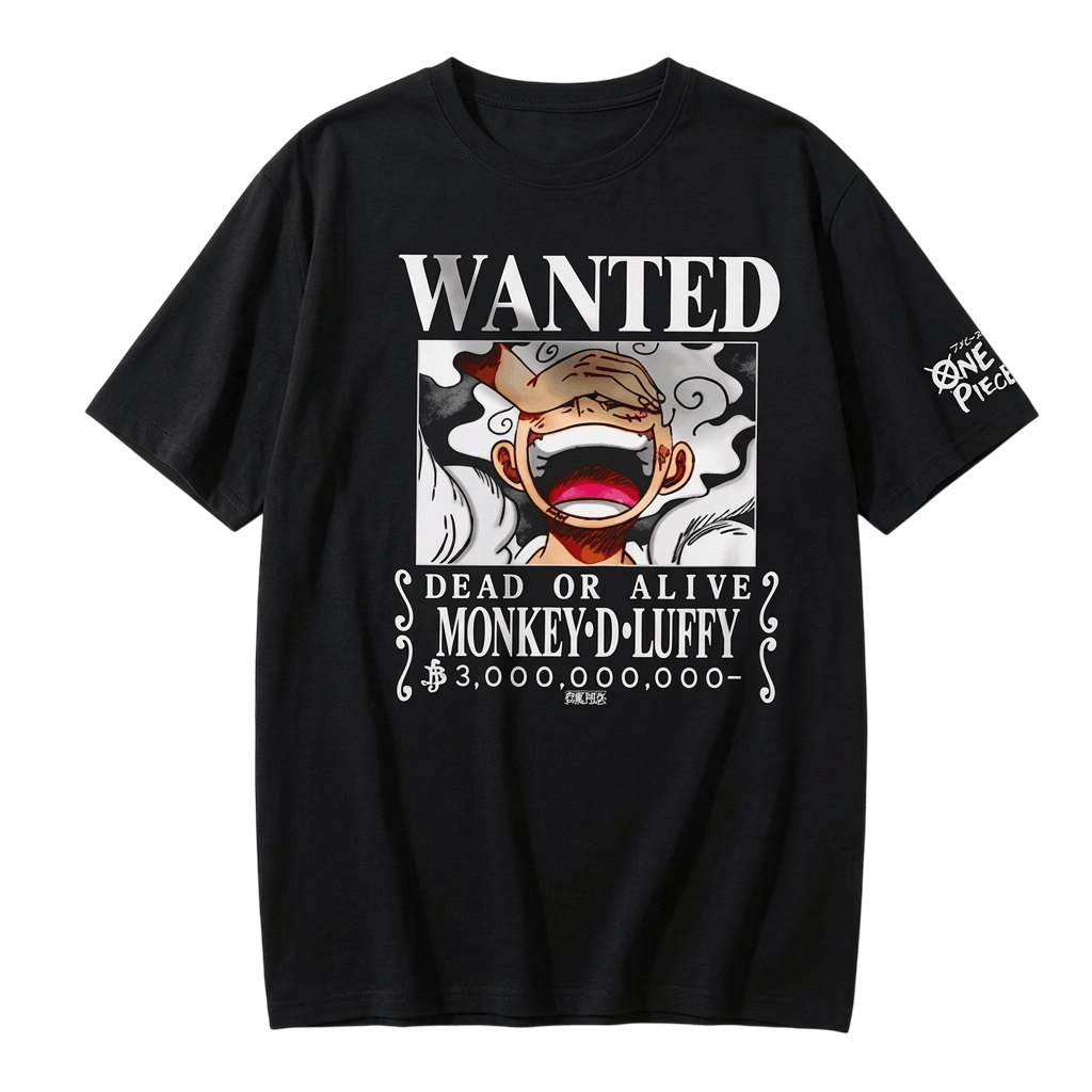 T-shirt One Piece noir vu de face : avis de recherche WANTED de Monkey D. Luffy en Gear 5 et logo One Piece sur la manche