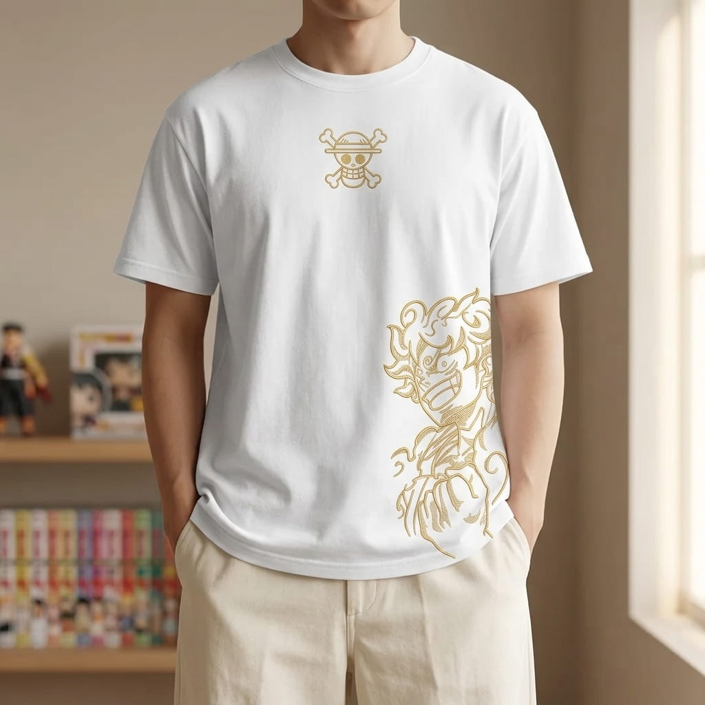 White One Piece T-shirt worn, the gold Jolly Roger on the chest and Luffy Gear 5 in gold at the bottom (decor not included)