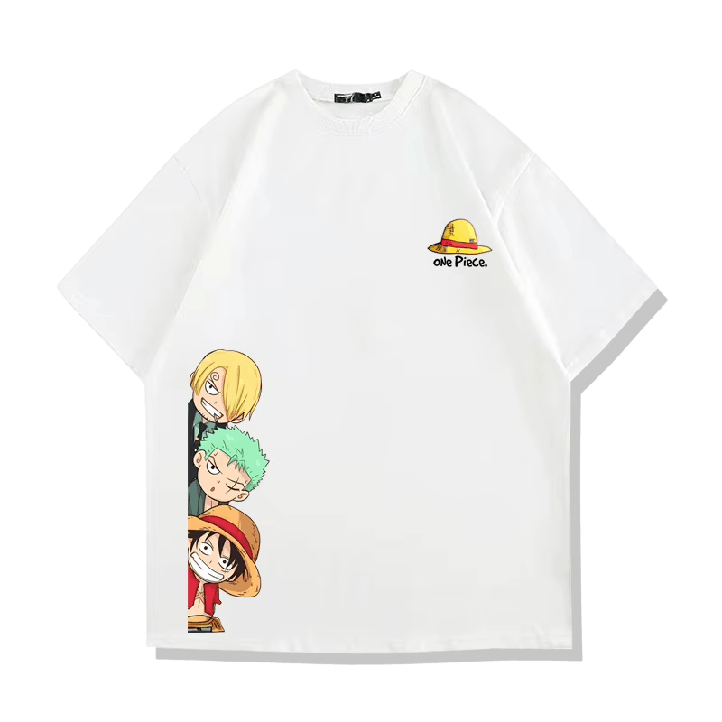 White One Piece T-shirt, front view: chibi Sanji, Zoro and Luffy at the bottom of the front and straw hat on the chest