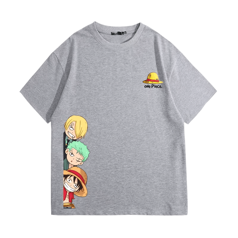 Heather gray One Piece T-shirt, front view: chibi Sanji, Zoro and Luffy at the bottom of the front and straw hat on the chest