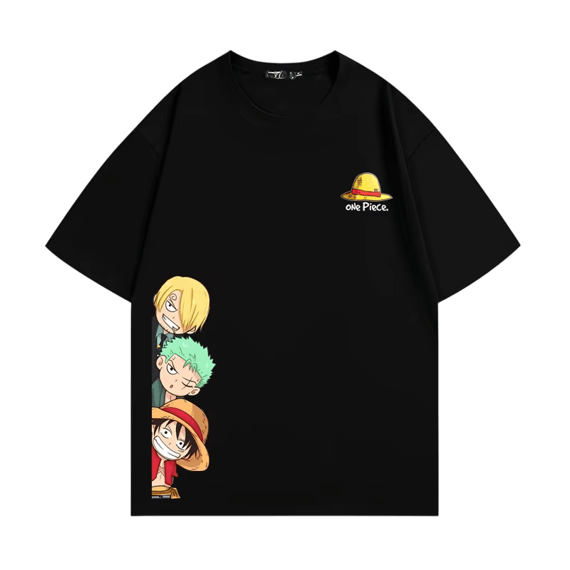 Black One Piece T-shirt, front view: chibi Sanji, Zoro and Luffy at the bottom of the front and straw hat on the chest