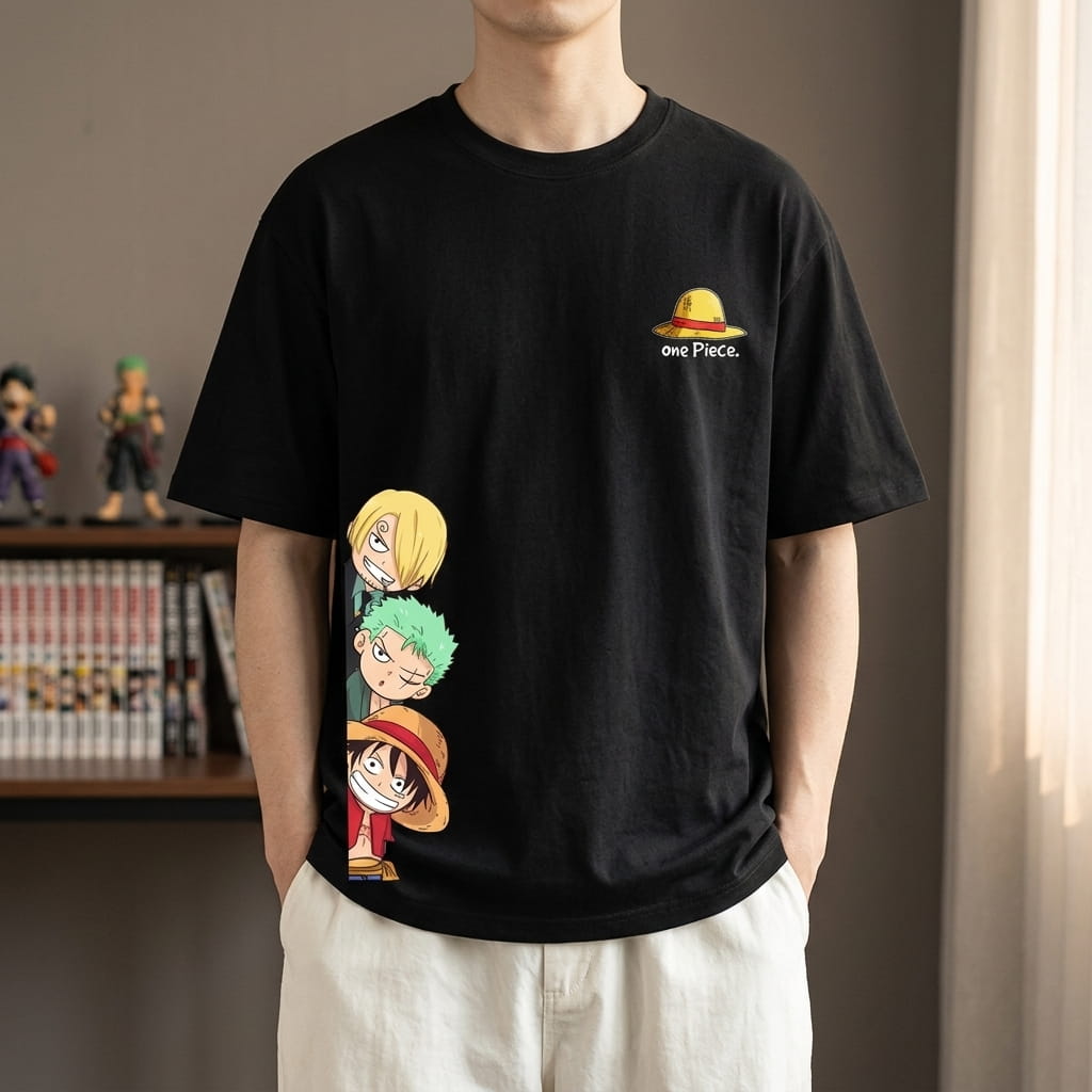 Black One Piece T-shirt worn, with the straw hat on the chest and chibi Sanji, Zoro and Luffy at the bottom of the front (decor not included)