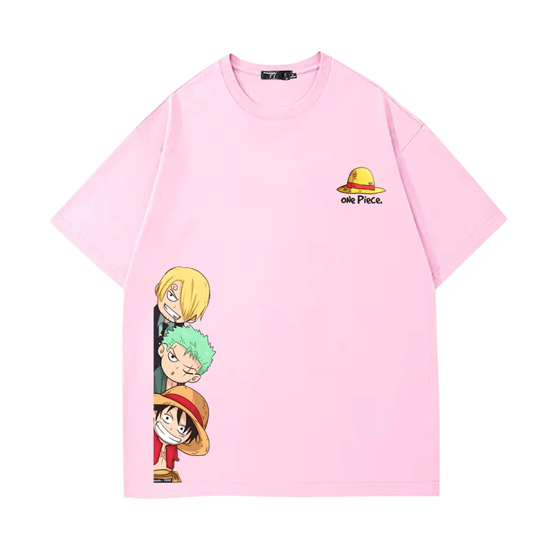 Pink One Piece T-shirt, front view: chibi Sanji, Zoro and Luffy at the bottom of the front and straw hat on the chest