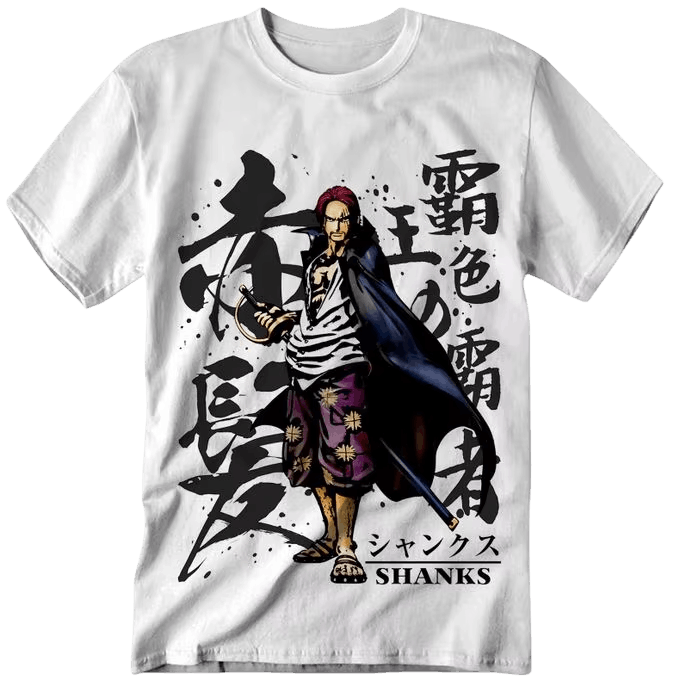 T-shirt One Piece blanc vu de face : Shanks le Roux, sabre à la main, calligraphies japonaises et nom SHANKS