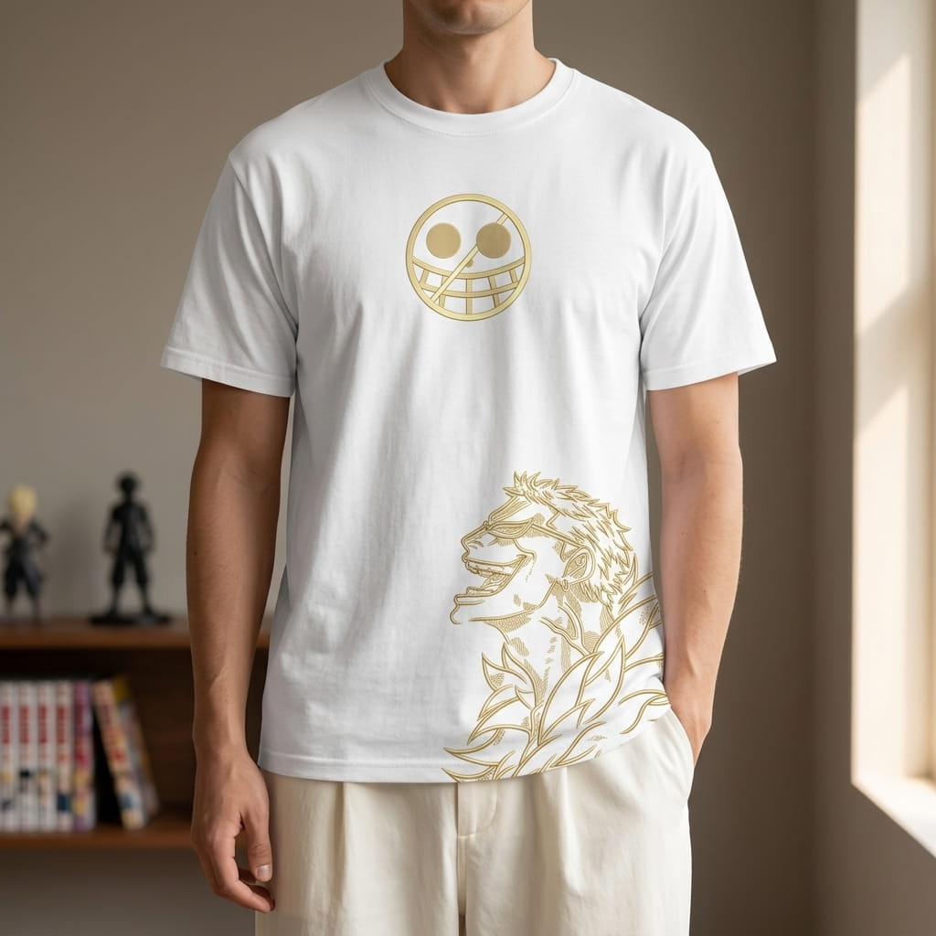 White One Piece T-shirt worn, the gold laughing sun on the chest and Roronoa Zoro in gold at the bottom (decor not included)