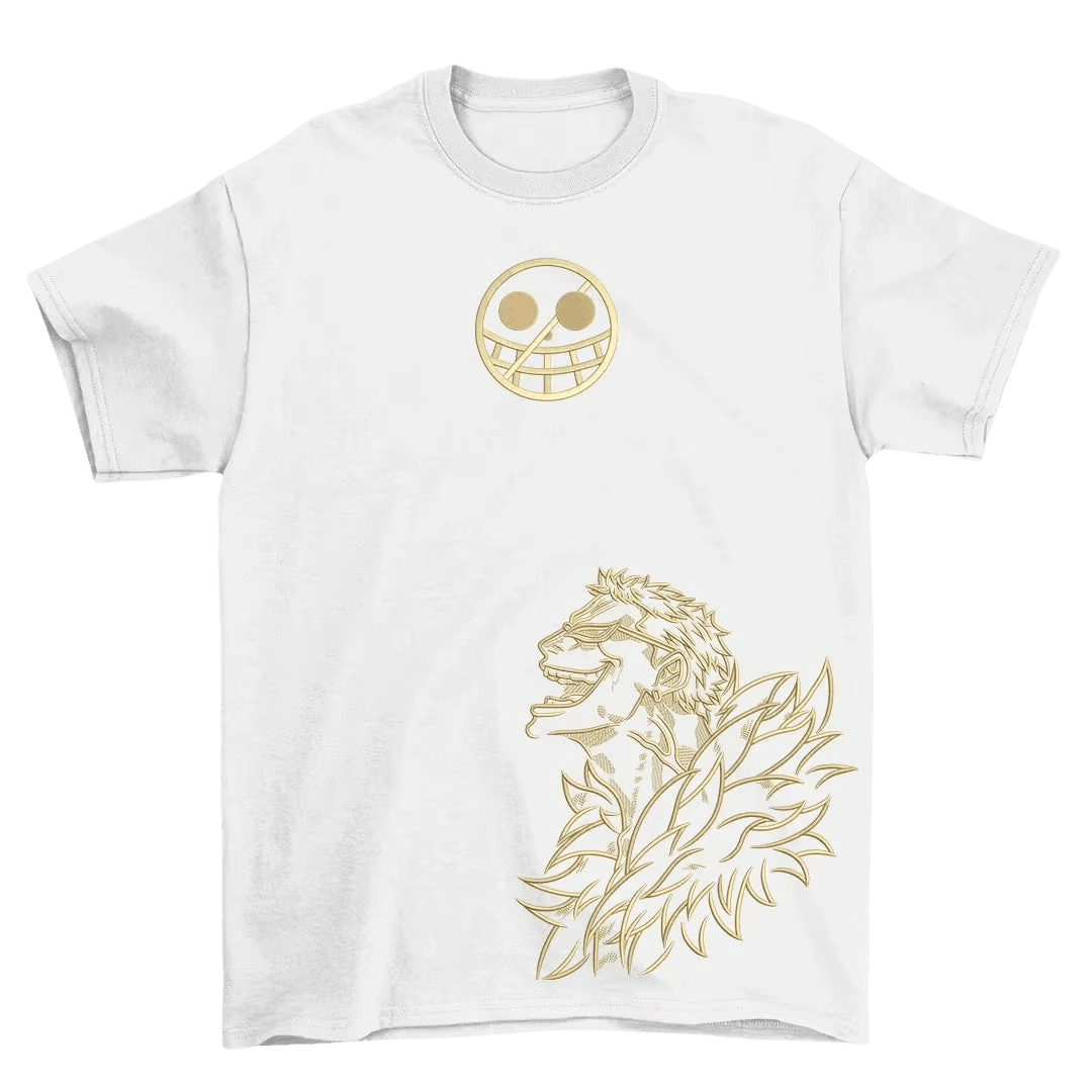White One Piece T-shirt laid flat: the gold laughing sun on the chest and Roronoa Zoro in gold at the bottom