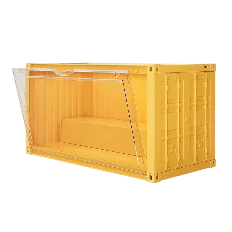 Vitrine conteneur jaune vue de trois quarts, façade transparente ouverte et flancs nervurés