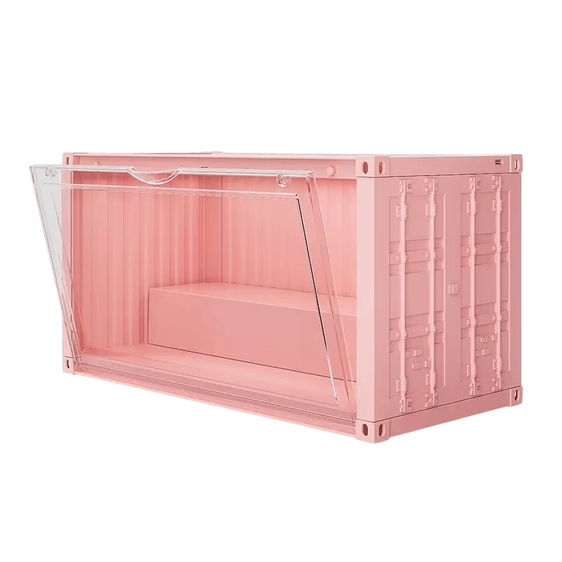Vitrine conteneur rose vue de trois quarts, façade transparente ouverte et flancs nervurés